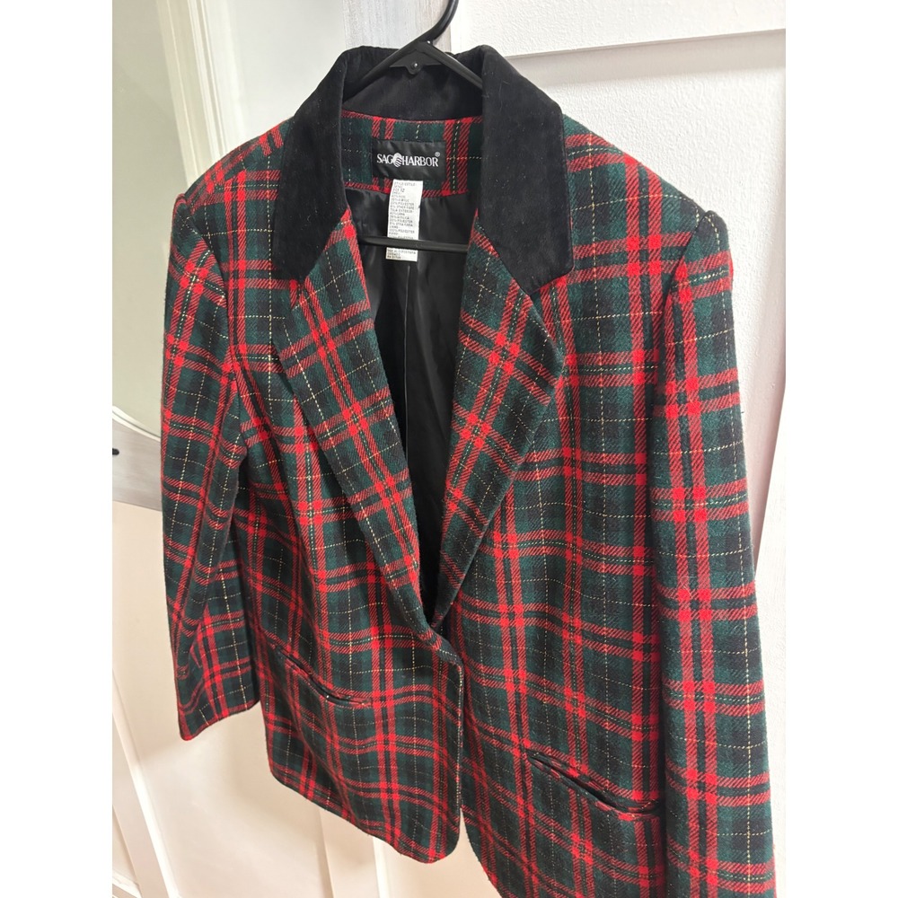 Sag Harbor Vintage Plaid Blazer Red Green Wool Blend Velvet Collar Metallic 12